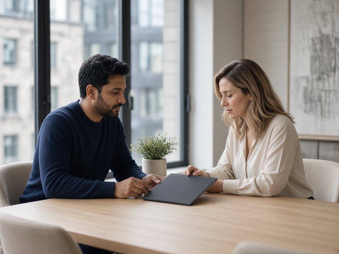 Deux professionnels examinent un dossier autour d’une table, dans un bureau lumineux.