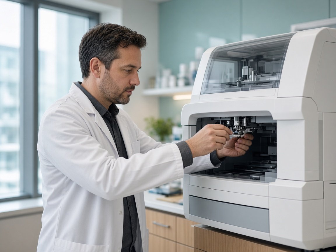 Un technicien en blouse ajuste un appareil dans un laboratoire.